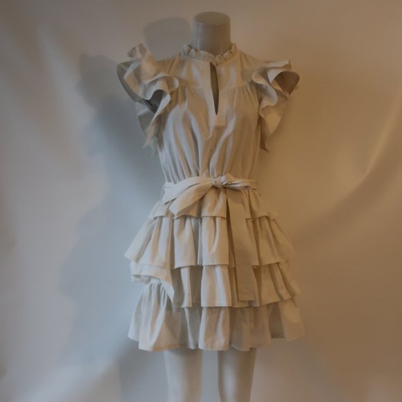 Womens Ulla Johnson Honoria White Ruffle Tiered Mini Split Neck Belted Dress 10* - Picture 5 of 16